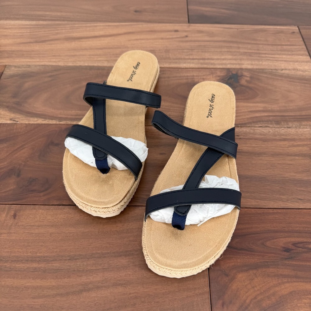 Easy Street Sandals Womens Size 9.5 N Navy Leather‎ Song Slide Braided Slip On